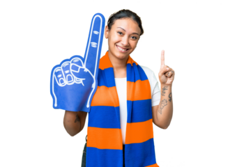 sports fan woman over isolated chroma key background pointing up a great idea