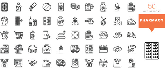 Set of minimalist linear pharmacy icons. Vector illustration