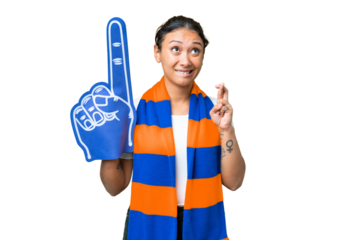 sports fan woman over isolated chroma key background with fingers crossing and wishing the best