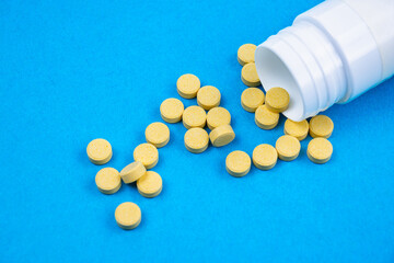 Drugs use for treatment and cure the disease. Packaging of tablets and pills on the table. 