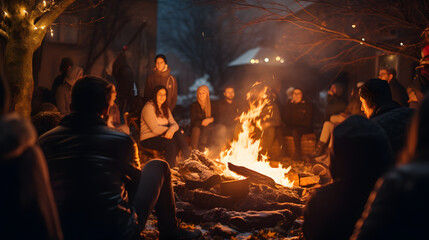 a New Year's bonfire, with friends gathered around as the background context, during a cozy outdoor celebration