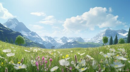 A Platinum Primrose meadow with a pristine mountain backdrop, offering a serene and untouched...