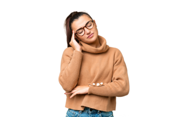 Young beauty woman over isolated chroma key background with headache