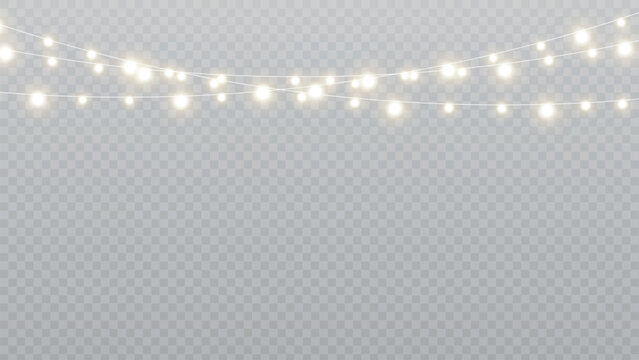 Christmas lights isolated realistic design elements. Glowing lights for Xmas Holiday cards, banners, posters, web design. Stock royalty free vector illustration. PNG	