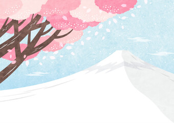 桜と富士山の和風な背景フレーム シンプルな水彩和紙イラスト（ブルー）