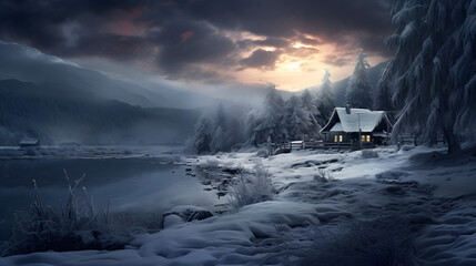 Cottage by the lake in the mountains at sunset. Winter landscape