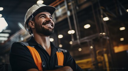 Fototapeta na wymiar Portrait of white male engineer worker or industrial maintenance worker enjoy working in factory generative ai