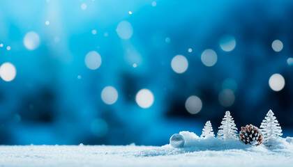 Fototapeta na wymiar Blue background with bokeh fir pine cones and snow with space for text.