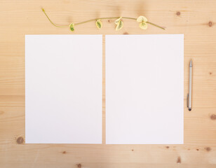 Papers A4 two empty on wooden table with pen and branch. Office stationery mockup flat lay.