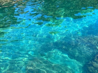 Fototapeta na wymiar Perfectly clear sea water blue turquoise surface.