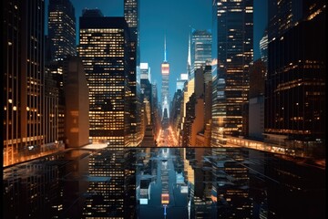 New York skyscrapers at night.