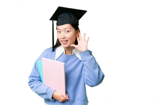 Young student woman over isolated chroma key background listening to something by putting hand on the ear