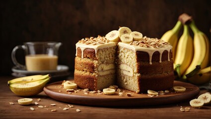 Bake banana cake on brown background, piece of cake, cake with chocolate, piece of cake with chocolate, cake with nuts and raisins, piece of chocolate cake with nuts