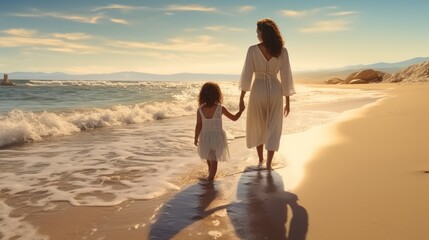 A mother takes her child's hand for a walk on the beach.