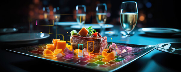 Food on platne in 3d technology vision, future of culinary meal table.