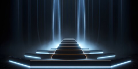Futuristic dark podium with light and reflection background.
