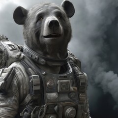 An astronaut bear in a spacesuit smokes on a spaceship - obrazy, fototapety, plakaty