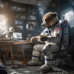 An astronaut bear in a spacesuit smokes on a spaceship - obrazy, fototapety, plakaty