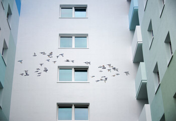 urban mural streetart graffiti at a high-rise skyscraper building in Langen, Hesse with painted flying birds in sky in silicate paint
