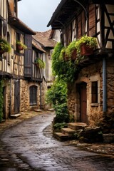 vertical photos of the landscape of a small cozy  old vintage French houses with houses and greenery