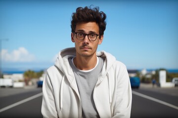 Socially awkward young man, looks sad.