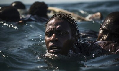 Generative AI illustration of black individual with braided hair swims resiliently through the ocean showcasing a poignant moment of migrations