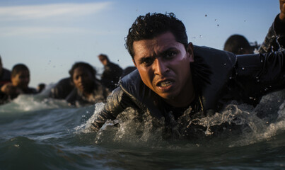 Generative AI illustration of man pushes through ocean waves with determination as other individuals follow behind illustrating a scene of migrations