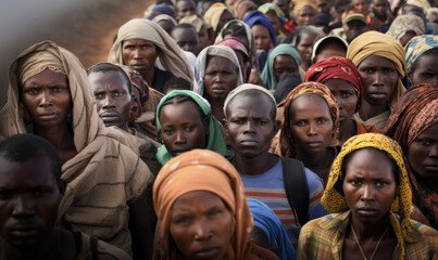 Generative AI illustration of group of individuals stands close together their expressive eyes and reflecting experience of massive migrations