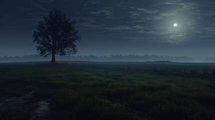 A quiet, foggy meadow at midnight with a single Myrtle tree standing as a sentinel.