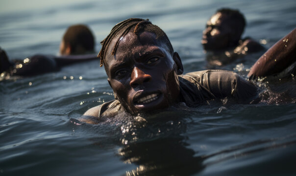 Generative AI illustration of black individual with braided hair swims resiliently through the ocean showcasing a poignant moment of migrations
