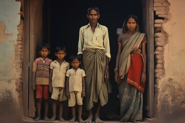 Naklejka premium portrait of a family from India, in traditional costumes and clothes from a poor family