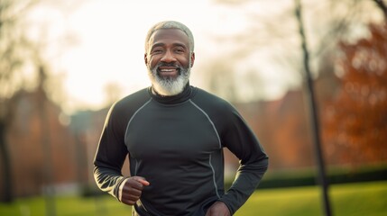 Fototapeta premium Black senior man going for a run and living a healthy lifestyle for longevity, generative ai.