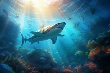 A shark approaching its prey in an oceanic coral reef with rays of light. Generative AI