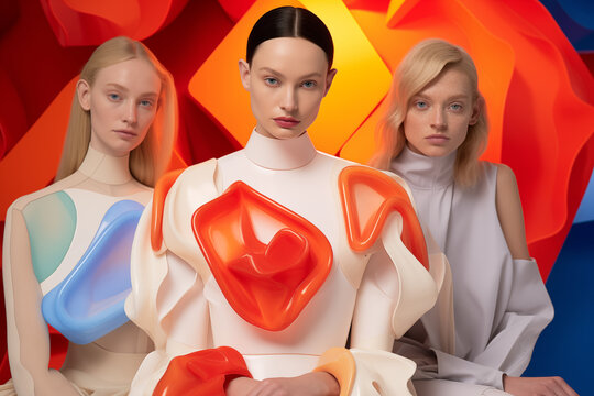 Generative AI image of futuristic models in abstract high fashio