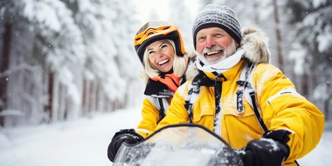 Portrait of happy elderly couple riding on a snowmobile in the snowy forest