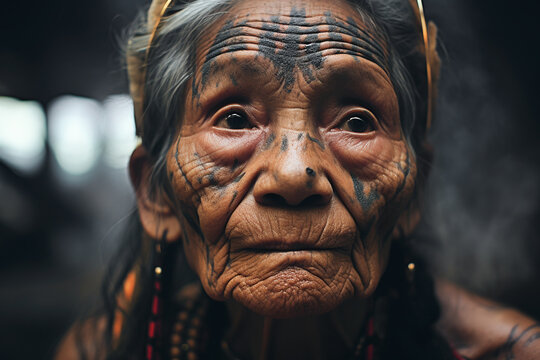 Generative AI image of an elderly indigenous woman gazing intently away