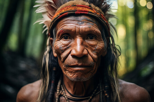 Generative AI image of an elder Amazonian tribe chief with a feathered headdress, tribal face paint, and traditional jewelry, deeply gazing into the camera