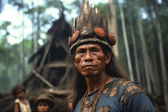 From below generative AI image of an Amazonian tribal leader, wearing a unique headdress and traditional attire, standing in front of a village with children in the backdrop