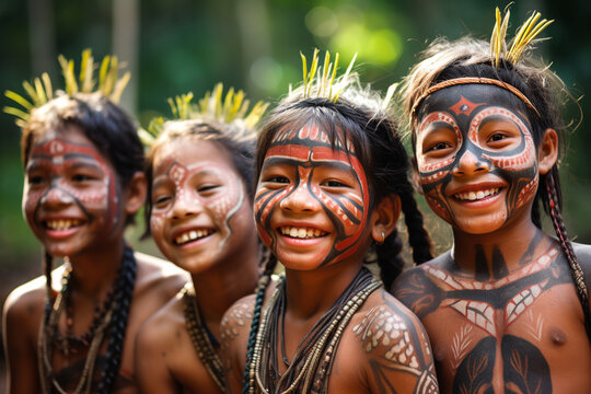 Generative AI image of joyful indigenous children from the Amazon, with colorful tribal face paint and adornments, smiling and enjoying their cultural heritage.