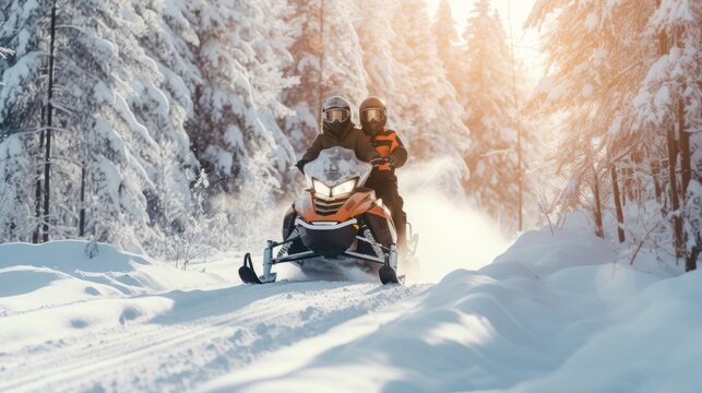 Two people riding on a snowmobile through the snowy forest