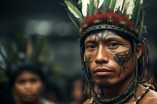 Generative AI illustration of an indigenous man with tribal tattoos and feathered headgear looking at camera while standing against lush forest background