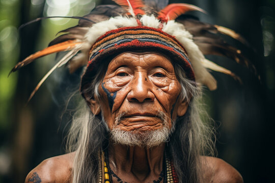 Generative AI image of an elder Amazonian tribe chief with a feathered headdress, tribal face paint, and traditional jewelry, deeply gazing into the camera