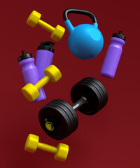 Flying sport equipment like kettlebell, fitness ball and dumbbells