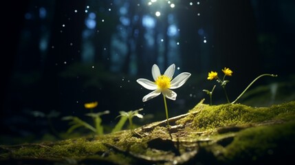 A radiant Celestial Celandine flower, glowing with otherworldly beauty in a moonlit forest.