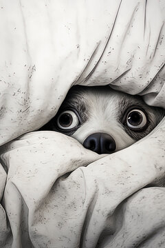 Generative AI image of a scared dog peeking out from under mottled white fabric