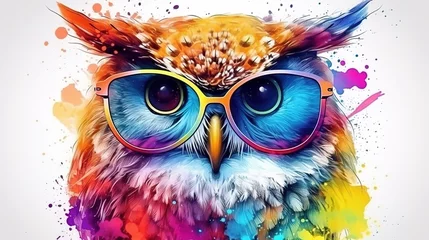 Rolgordijnen A cute multicolored owl with glasses is painted with watercolors. Close portrait of eagle-owl with paint splashes. Digital art. Printable design for t-shirt, bag, postcard, case and other products © DZMITRY
