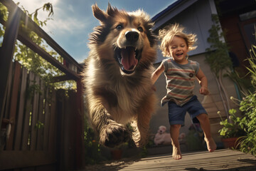 Generative AI image of child and domestic dog jumping in joyful