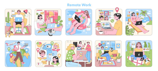 Fototapeta na wymiar Remote Work set. Professionals in diverse settings, from home to tropical escapes. Balancing work and relaxation, virtual meetings, global collaboration. Flat vector illustration