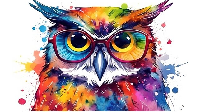 A cute multicolored owl with glasses is painted with watercolors. Close portrait of eagle-owl with paint splashes. Digital art. Printable design for t-shirt, bag, postcard, case and other products