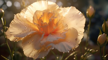 A radiant Ethereal Eustoma flower bathed in soft, golden sunlight, its delicate petals shimmering with a touch of morning dew.